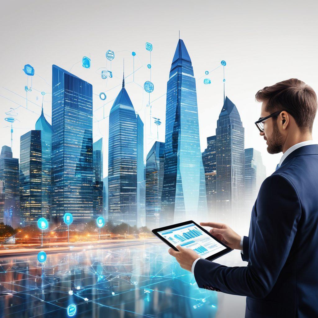 A dynamic illustration showing the evolution of financial services, with digital elements like smartphones and blockchain icons. In the foreground, a person reviewing digital claims on a tablet, while in the background, a modern city skyline represents growth and innovation. Include vibrant colors to enhance the transformation theme and a sleek, modern style. super-realistic. vibrant colors. white background.