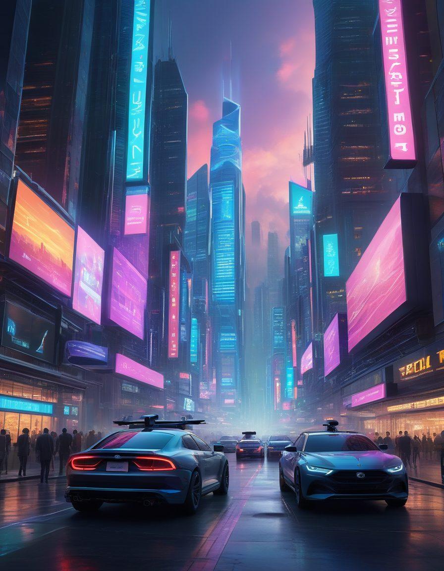 A futuristic city skyline with holographic insurance and financial technology advertisements illuminating the bustling streets. People of diverse backgrounds interact with digital interfaces displaying various insurance services, while flying drones monitor the surroundings. The image captures a blend of traditional and modern elements, symbolizing the transition in insurance solutions. super-realistic. vibrant colors. cyberpunk.